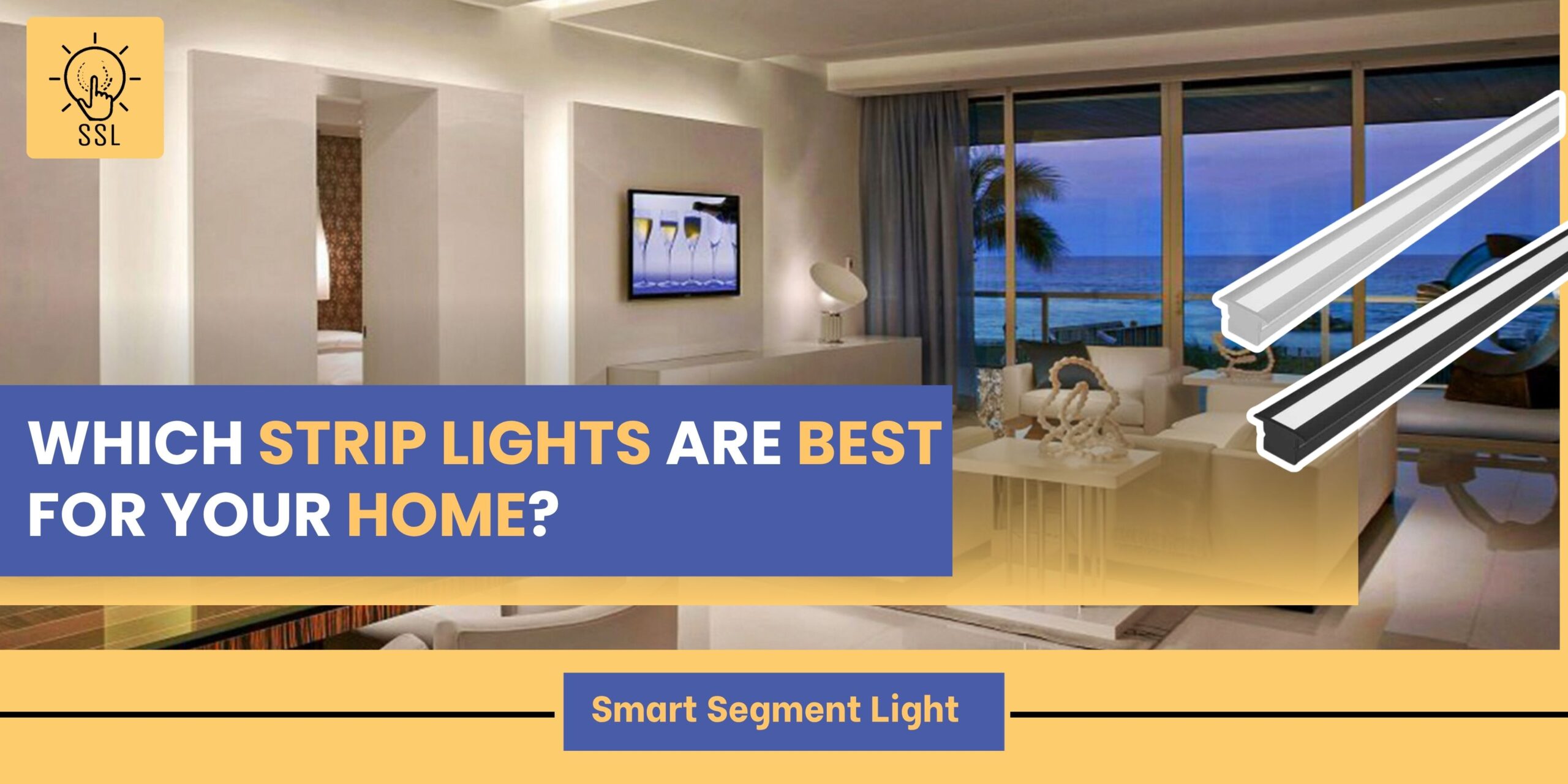 Living room with strip lights behind TV and ceiling creating ambient lighting.